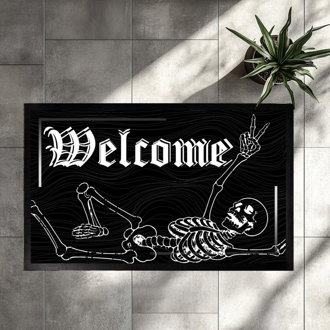 Skeleton Welcome Rug Skeleton Welcome Doormat, Funny Gothic Welcome Mat, Skeletal Peace Sign ...