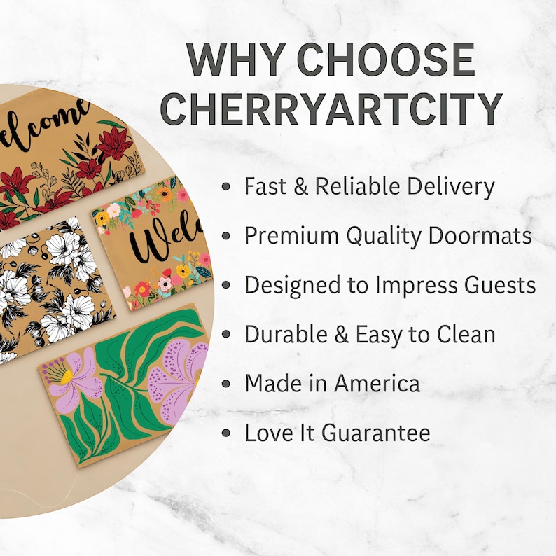 The image is a promotional graphic for a company called Cherry Art City, which offers a variety of door mats and door signs. The text highlights the company's commitment to fast and reliable delivery, premium quality, and durability, as well as their focus on creating designs that impress guests and are easy to clean. The company's products are made in America, and they guarantee their products.