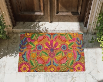 Vibrant Floral Coco Doormat, Vintage Flowers Door Mat, Colorful Entryway Welcome Mat, Bohemian Flowers Natural Coir Mat, Fiesta Floral Rug