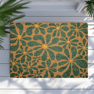 Botanical Pattern Coir Doormat, Floral Entryway Mat, Flower Design Coco Door Mat, Outdoor Natural Coir Mat, Front Door Floor Welcome Mat
