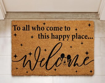 Cartoon Mouse Happy Place Doormat, Magical Home Decor, Cute Welcome Mat, Coir Entry Rug, Housewarming Gift, Front Porch Mat