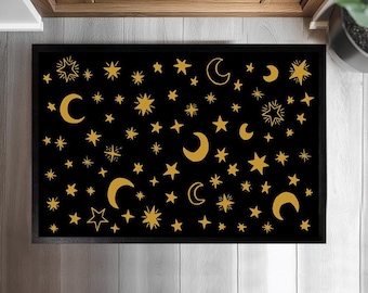 Moon and Star Pattern Doormat, Orange Galaxy Space Welcome Mat, Astrology Front Porch Decor, Housewarming Gift, Starry Night Entrance Rug