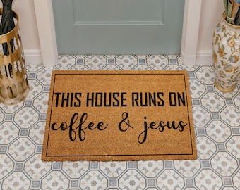 Coffee and Jesus Welcome Mat - Rustic Christian Entryway Rug, Religious Home Decor