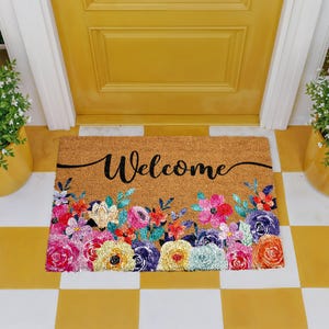 Floral Welcome Doormat, Flower Entryway Mat, Wedding Home Gift, Natural Coir Mat, Flower Outdoor Decor, Front Door Floor Rug afbeelding 6