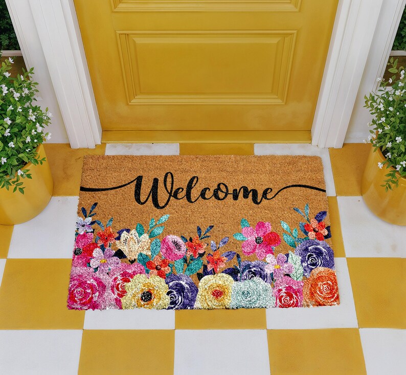 Floral Welcome Doormat, Flower Entryway Mat, Wedding Home Gift, Natural Coir Mat, Flower Outdoor Decor, Front Door Floor Rug afbeelding 6