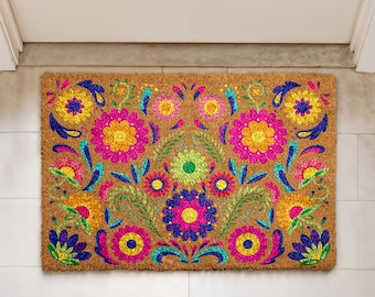 Felpudo floral de arte popular colorido, felpudo de bienvenida con flores vibrantes, decoración de porche de verano, regalo bohemio para inauguración de la casa, alfombra de entrada floral vintage.