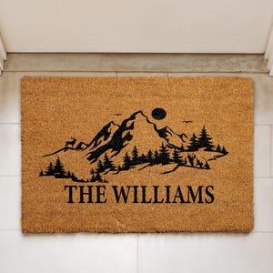 Personalized Mountain Doormat, Custom Family Name Welcome Mat, Mountain & Forest Entryway Door Mat, Retro Home Decor, Outdoor Adventure Rug
