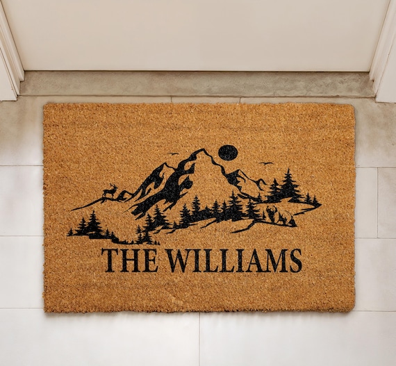 Personalized Mountain Doormat, Custom Family Name Welcome Mat, Mountain & Forest Entryway Door Mat, Retro Home Decor, Outdoor Adventure Rug