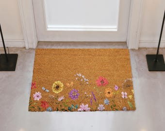 Wildflowers Doormat, Floral Welcome Mat, Cute Flowers Home Decor, Spring Housewarming Gift, Nature Lover Front Porch Rug, Entrance Coir Mat