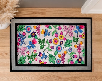 Felpudo floral vibrante, felpudo de bienvenida bohemio y colorido, decoración para la entrada de un jardín botánico, alfombra de primavera para el porche, bonito regalo de inauguración de casa