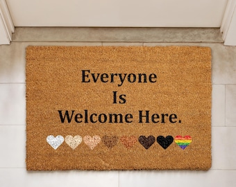 Everyone Is Welcome Here Doormat, Diversity Inclusion Entryway Rug, Farmhouse Coco Mat