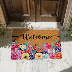 Floral Welcome Doormat, Flower Entryway Mat, Wedding Home Gift, Natural Coir Mat, Flower Outdoor Decor, Front Door Floor Rug