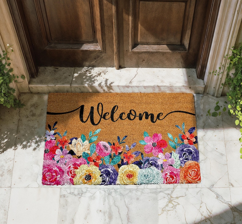 Floral Welcome Doormat, Flower Entryway Mat, Wedding Home Gift, Natural Coir Mat, Flower Outdoor Decor, Front Door Floor Rug