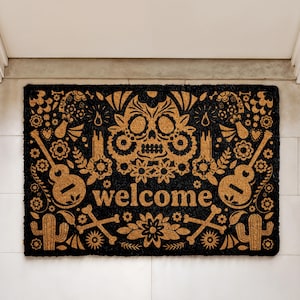 Sugar Skull Doormat, Mexican Folk Art Halloween Home Decor, Dia de los Muertos Welcome Mat, Spooky Season Front Porch Rug, Housewarming Gift