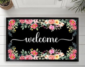 Flower Design Doormat, Cute Welcome Rug for Front Door, Gift for Garden Lovers and Homeowners, Rubber Backed Floor Rug for Entryway or Porch