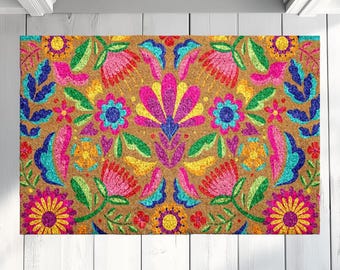 Vibrant Floral Coco Doormat, Vintage Flowers Door Mat, Colorful Entryway Welcome Mat, Bohemian Flowers Natural Coir Mat, Fiesta Floral Rug
