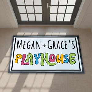 Felpudo de casa de juegos para niños personalizado, decoración de habitación infantil con nombre personalizado, felpudo de bienvenida colorido, divertido felpudo para interior y exterior.
