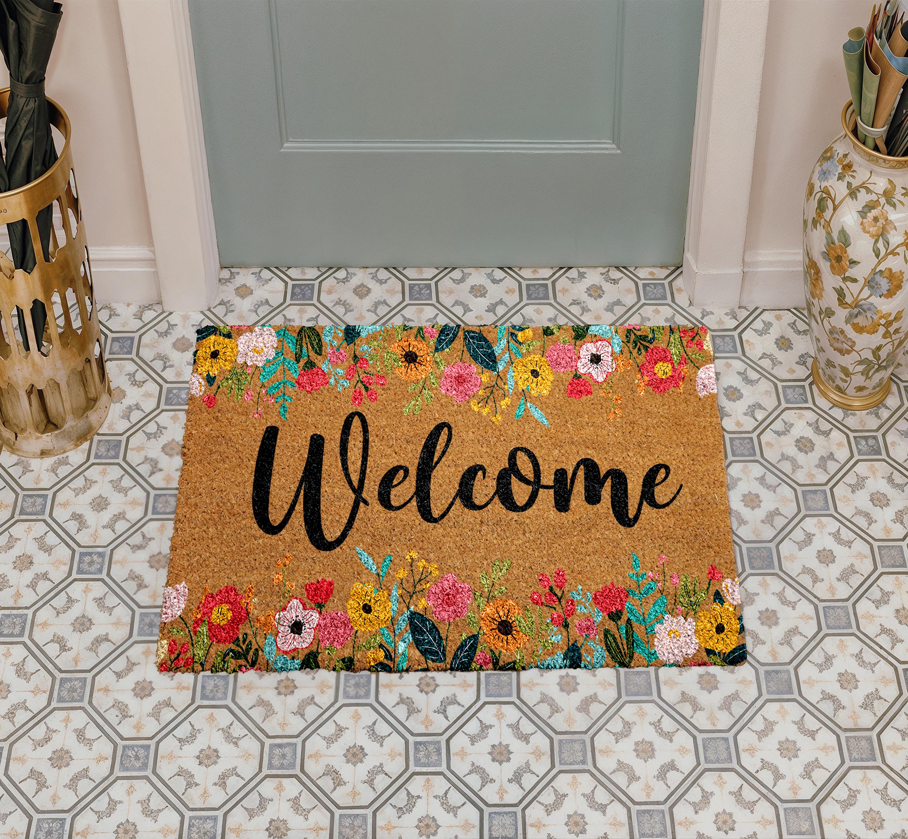 Floral Welcome Coco Doormat, Colorful Entryway Door Mat, Botanical ...