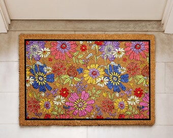 Felpudo floral ecléctico, felpudo con flores de colores, alfombra de entrada bohemia, regalo de boda, felpudo de coco con flores silvestres, felpudo de fibra de coco natural para puerta de entrada.