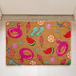 Summer Fun Coir Doormat, Colorful Beach Theme Welcome Mat, Watermelon & Ice Cream Entry Home Decor, Vibrant Summer Door Mat, Pool Party Mat