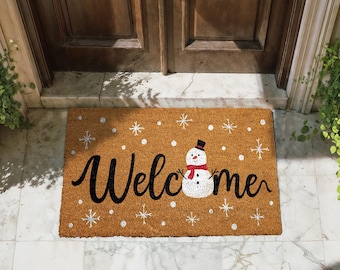 Snowman Welcome Mat, Snowflake Doormat, Winter Home Entrance Decor, Holiday Front Porch Coir Rug, Christmas Housewarming Gift