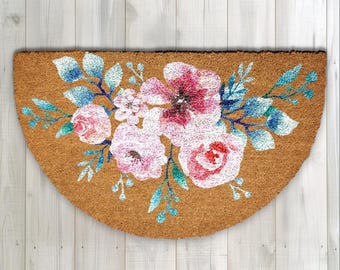 Felpudo floral vintage, felpudo de bienvenida con flores brillantes, decoración primaveral para el hogar, alfombra bohemia con rosas para el porche, regalo de inauguración de la casa estilo cottagecore.