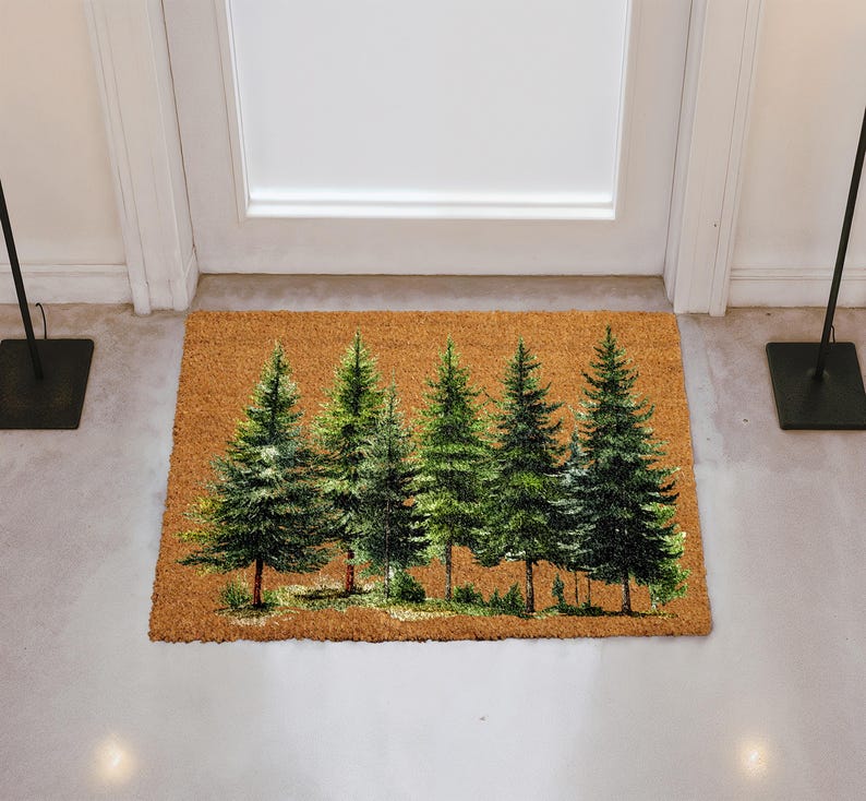 Pine Tree Forest Doormat, Christmas Tree Welcome Mat, Evergreen Woodland Xmas Decor, Nature Inspired Holiday Gift, Winter Front Porch Rug