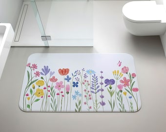 Watercolor Wildflower Bath Mat, Cottagecore Floral Bathroom Rug, Bright & Cheerful Non-Slip Bath Mat, Colorful Shower Mat, Housewarming Gift