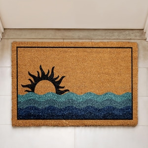 Felpudo con puesta de sol en el océano, felpudo de bienvenida para casa de playa, regalo de inauguración de la casa costera, alfombra náutica para porche, decoración del hogar con ambiente veraniego