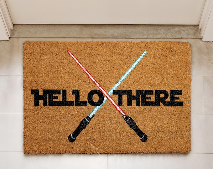 Hello There Lightsaber Doormat, Sci-Fi Fan Welcome Mat, Geeky Home Decor, Coir Front Porch Rug, Unique Gift, Funny Entrance Mat