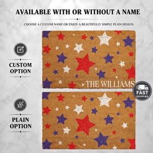 Custom Red White & Blue Star Doormat, Patriotic Welcome Mat, 4th of July Decor, Memorial Front Porch Rug, Independence Day Housewarming Gift