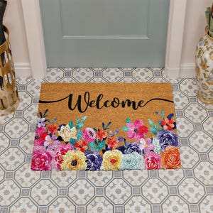 Floral Welcome Doormat, Flower Entryway Mat, Wedding Home Gift, Natural Coir Mat, Flower Outdoor Decor, Front Door Floor Rug