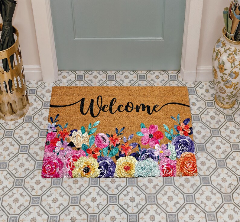 Floral Welcome Doormat, Flower Entryway Mat, Wedding Home Gift, Natural Coir Mat, Flower Outdoor Decor, Front Door Floor Rug