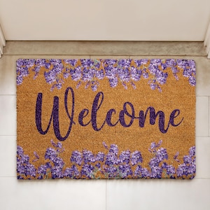 Floral Welcome Doormat, Lavender Entry Mat, Natural Coir Outdoor Mat, Spring Porch Decor, Housewarming Gifts, Rustic Farmhouse Cute Door Mat