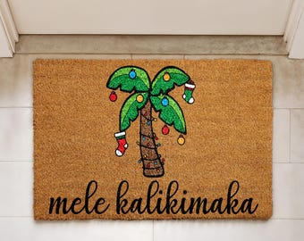 Mele Kalikimaka Doormat, Hawaiian Christmas Welcome Mat, Palm Tree Holiday Front Porch Rug, Tropical Home Decor, Beach House Xmas Gift