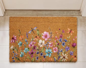 Floral Doormat, Wildflowers Welcome Mat, Spring Lover Home Decor, Housewarming Gift, Natural Coir Mat, Flower Porch Rug, Front Door Floormat