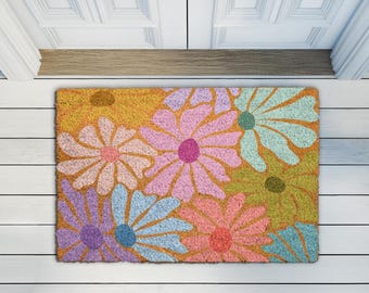 Retro Flower Coco Doormat, Colorful Daisy Welcome Mat, Cute Floral Home Decor, Groovy Flower Coir Doormat, Summer Garden Doormat, Boho Rug