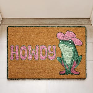 Howdy Cowboy Frog Doormat, Cowgirl Frog Welcome Mat, Western Toad Home Entrance Door Mat, Whimsical Pink Frog Front Porch Rug, New Home Gift