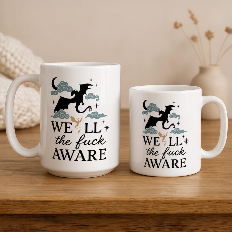 Fourth Wings Well The F*ck Aware Coffee Mug, Tarin And Andarna Cloudy Night Ceramic Cup, Fantasy Theme Reader Gift, Fourth Wing Dragon Mug