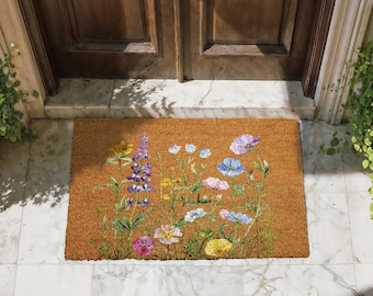 Felpudo de flores silvestres, felpudo floral de bienvenida, alfombra de fibra de coco para la entrada de casa, bonito regalo de inauguración de la casa, decoración de coco para el porche delantero con flores de primavera