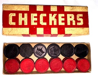 Vintage 1940s Hal-Sam Wooden Checkers Orig Box 23+1 Adlife Replacement Piece