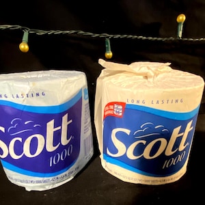 May include: Two rolls of Scott 1000-count toilet paper, each wrapped in white paper with blue and white text and a blue cloud design. The text reads "Long Lasting" and "Scott 1000".