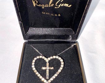 Vtg Regale Gems Man Made Diamonds Heart Cross Pendant 14KT HGE 18" Chain Broken