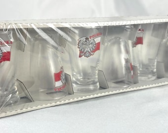 POLSKA Poland Shot Glass Set Lot of 6 White Eagle Flag Souvenir Gift Boxed