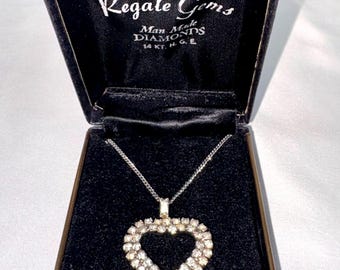 Vintage Regale Gems Man Made Diamonds Heart Pendant 14KT HGE Necklace 18" Box