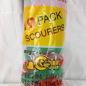 May include: A clear plastic bag containing ten dish scrubbers. The scrubbers are a mix of red and green mesh. The packaging has text that reads "10 PACK SCOURERS" and "SPECIAL VALUE".