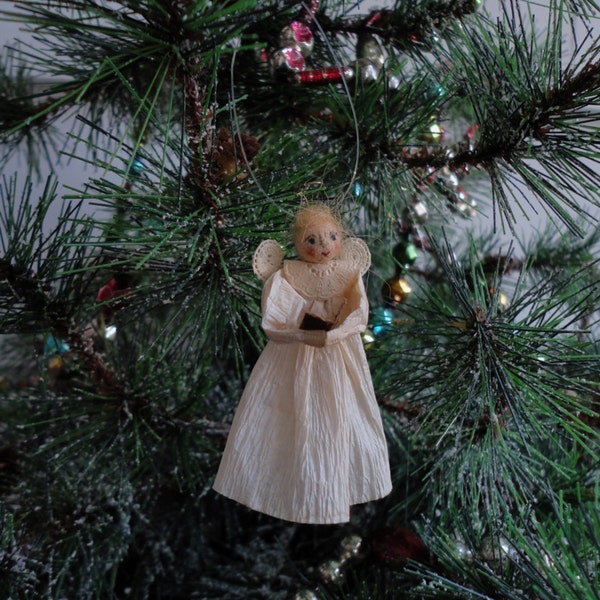 Tiny White Crepe Paper Choir Angel Christmas Ornament Named Grace