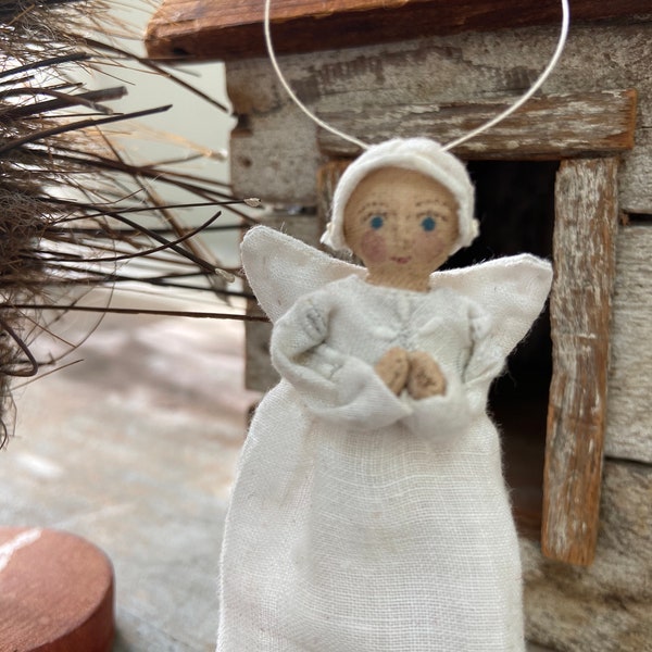 Aged Cloth Painted Praying Christmas Angel Ornament Named God Bless Us Everyone