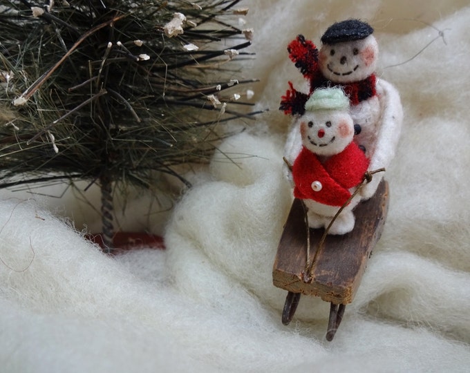 Aged Cotton Batting Christmas Snow Sledding Ornament Named Downhill