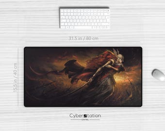May include: A fantasy-themed mousepad featuring a woman with long red hair and a golden helmet, holding a sword. The background is a dark, swirling landscape with a fiery glow.